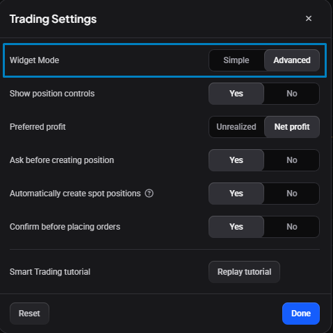 The Trading widget’s Trading Settings dialog, with the Widget Mode control (Simple / Advanced) highlighted.