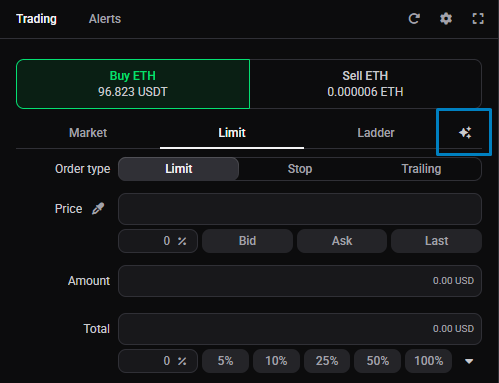 The Advanced Trading widget with the star (presets) icon to the right of the order sub-type selector, and the preset menu open showing a saved preset list and the + Add option.