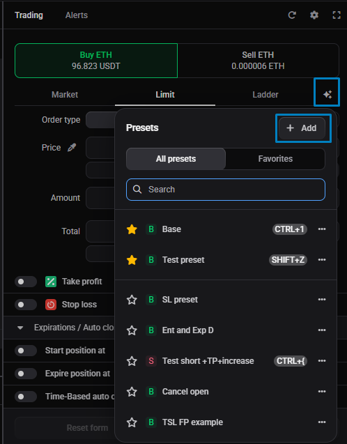 The Create/Add Preset window, showing the name field, the optional hotkey assignment, and the saved order values, with the Save Preset button.