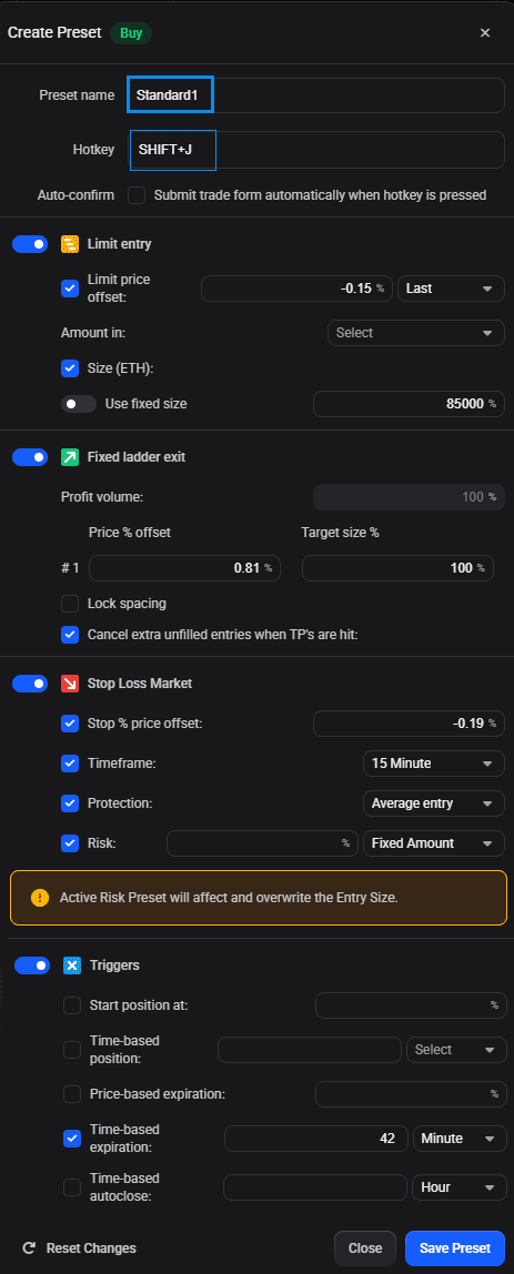 The full Create Preset window: preset name and hotkey at the top, then every enabled order setting — limit entry, ladder exit, stop loss, and triggers — with the Save Preset button at the bottom.