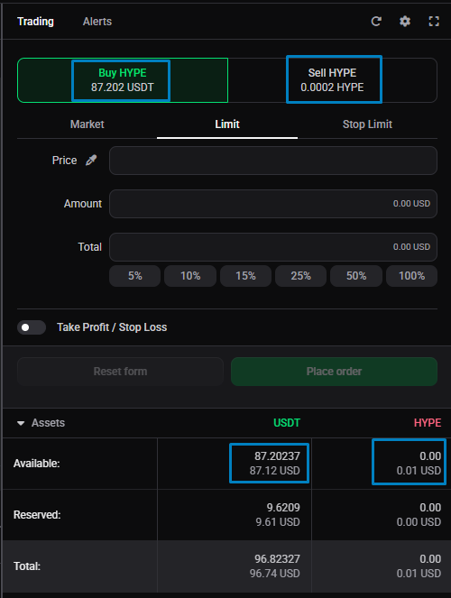 The Trading widget on a spot market (HYPE/USDT): the top Buy/Sell figures are the Available Balance per side, while the Assets section at the bottom shows the wallet balances split into Available and Reserved.