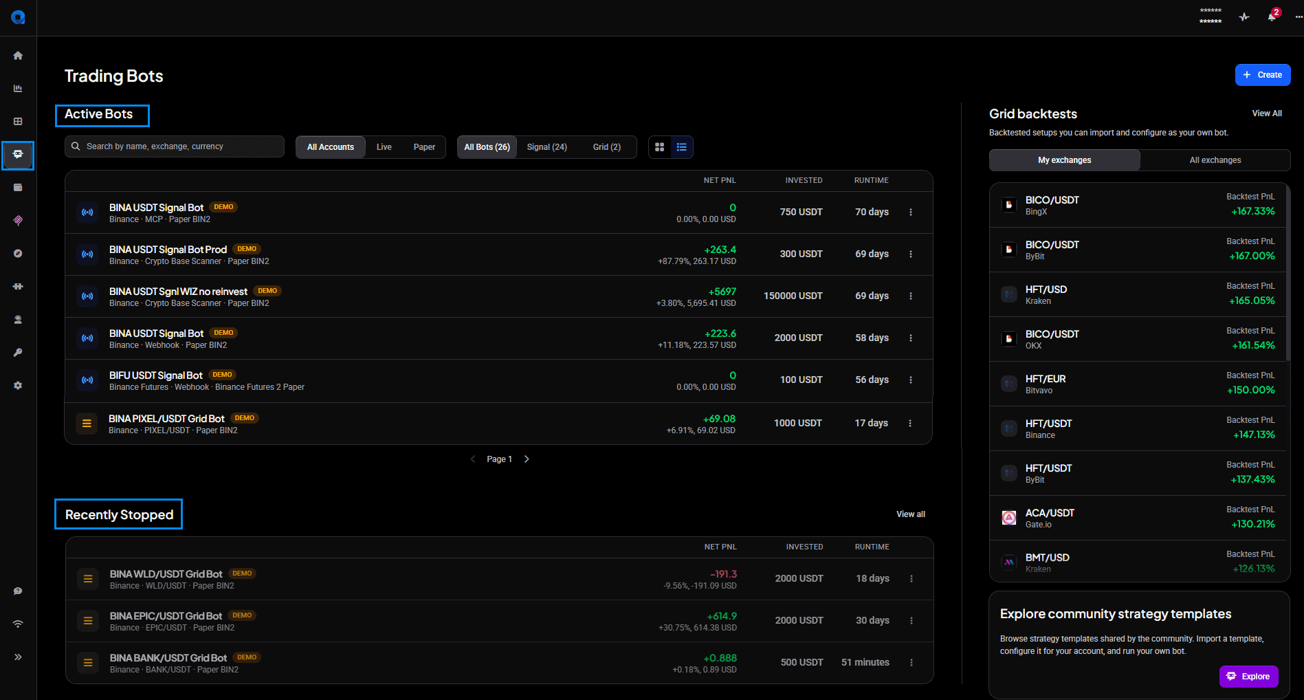 Trading Bots page showing the active bots list with each bot’s account and runtime details