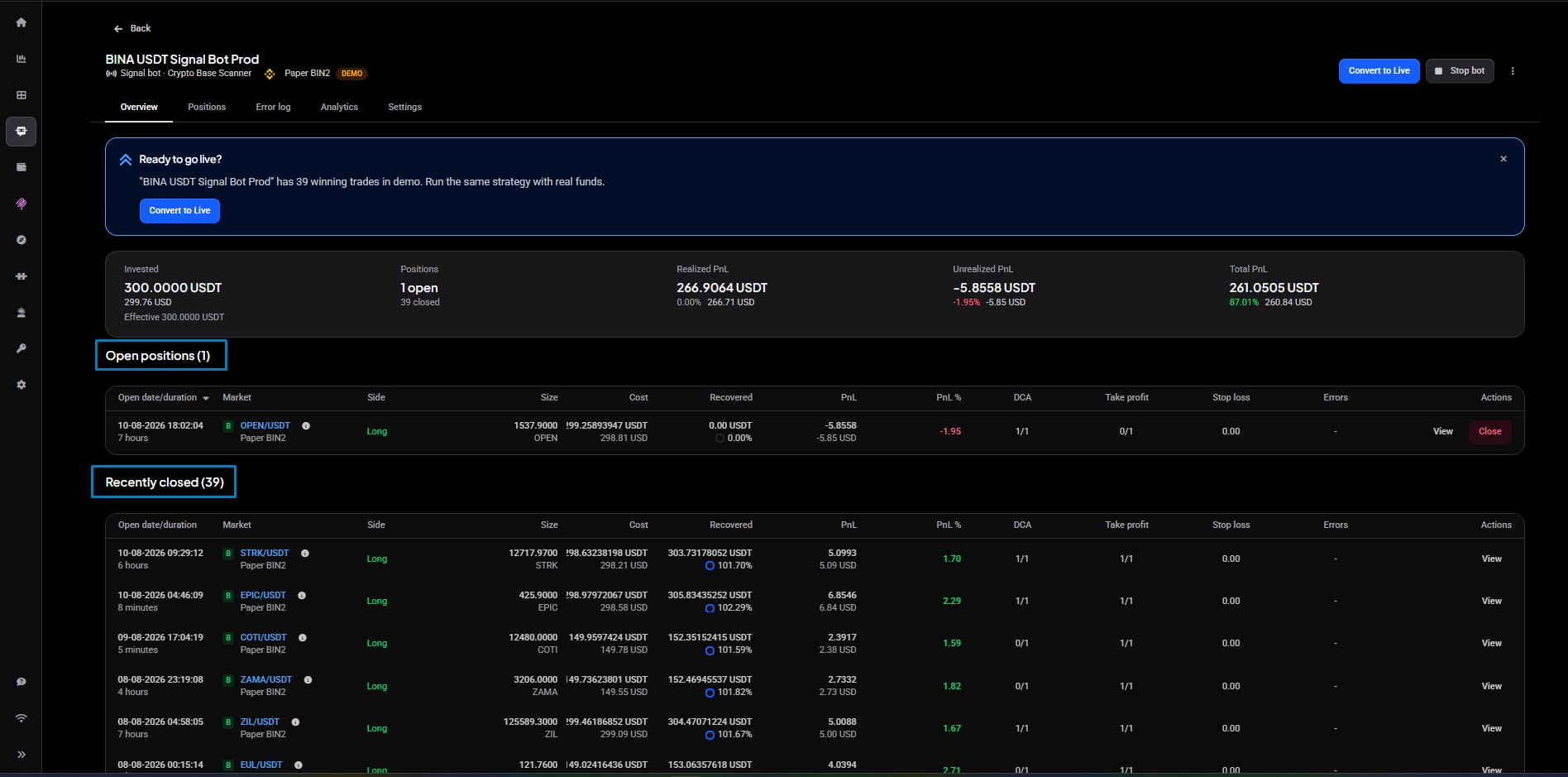 A signal bot’s detail page: the open positions list and the closed positions list, each with per-position PnL.
