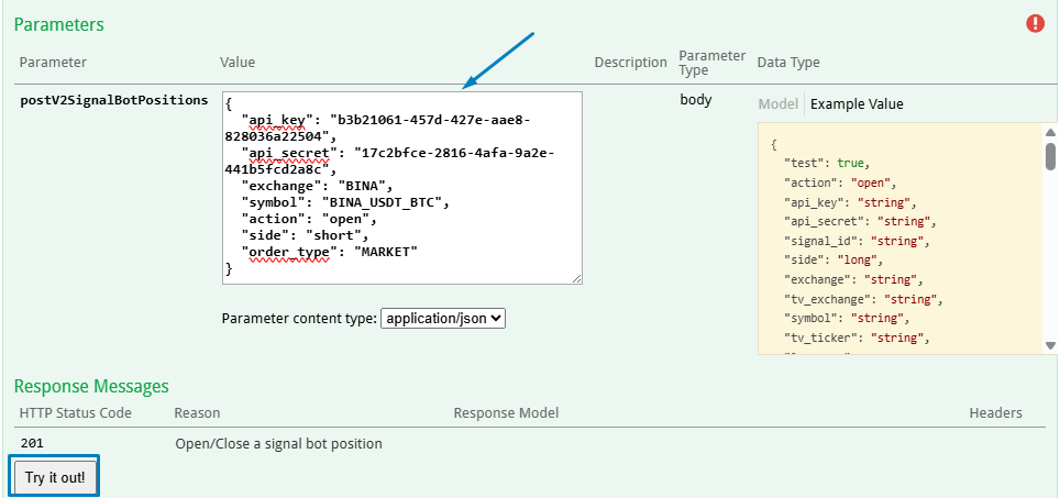 Swagger UI showing the webhook signal endpoint expanded with a sample JSON payload filled into the Try it out request body, ready to Execute.