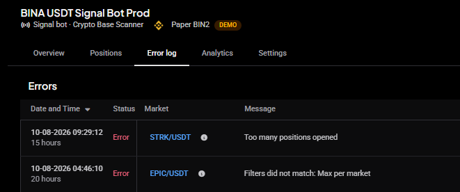 Bot error log panel inside Altrady showing a rejected signal entry with a ‘Filters did not match: Max per market’ style message.