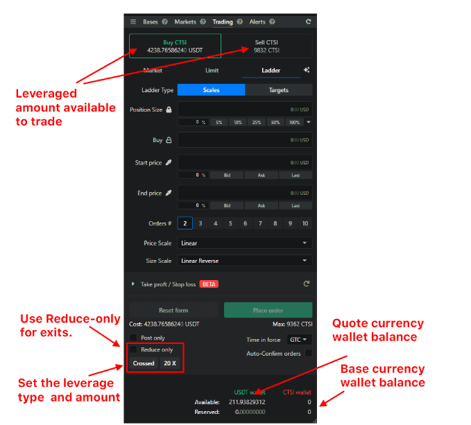 The Trading widget’s futures fields: leverage amount, leverage type, and Reduce Only