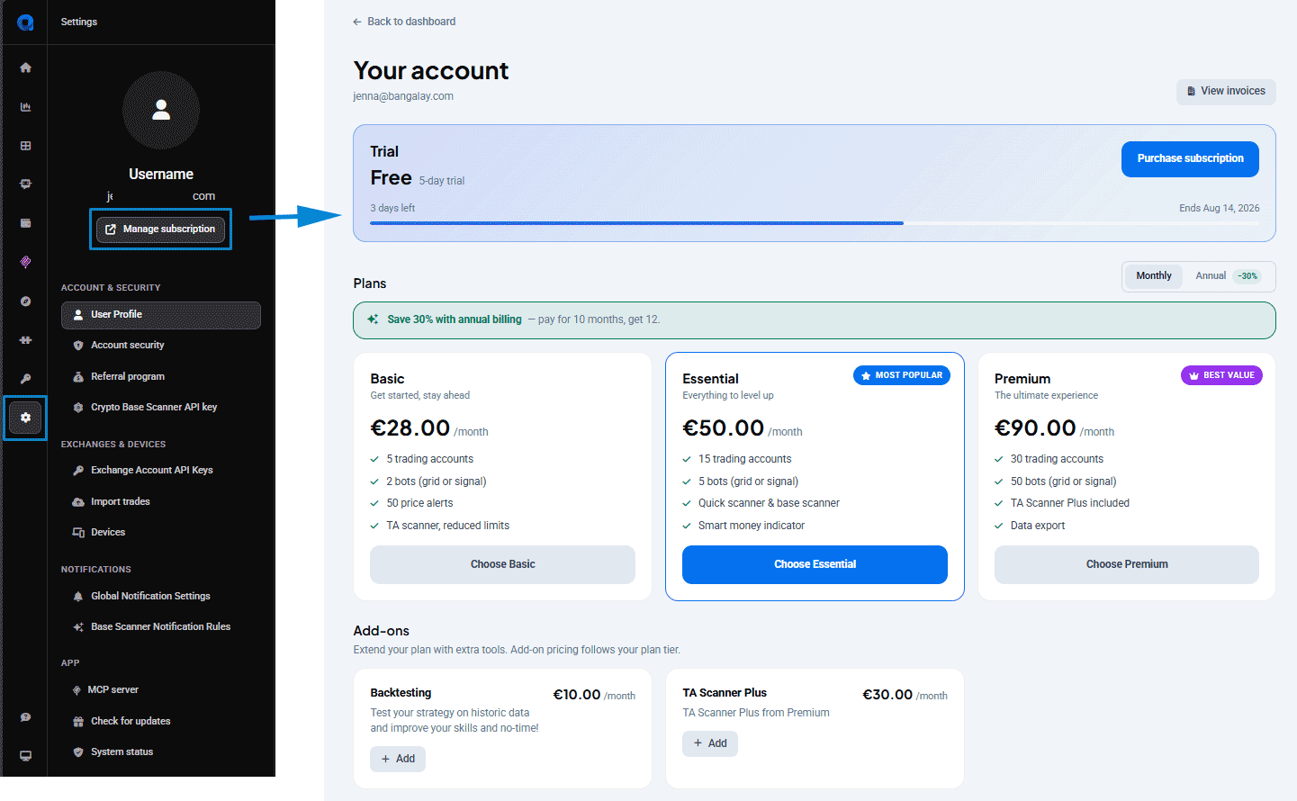 The account page during the 5-day free trial: a Trial banner showing ‘Free — 5-day trial’ with days remaining and the end date, above the plan and add-on options.