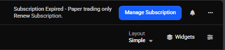 The in-app top bar after a subscription or trial expires: a ‘Subscription Expired — Paper trading only’ notice with Renew Subscription and Manage Subscription.