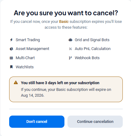 The cancel-confirmation dialog (“Are you sure you want to cancel?”) that appears when you click Cancel, listing the features you’ll lose, with Don’t cancel and Continue cancelation buttons.