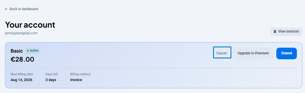 The account page with the Cancel control highlighted, next to the Upgrade and Extend buttons.