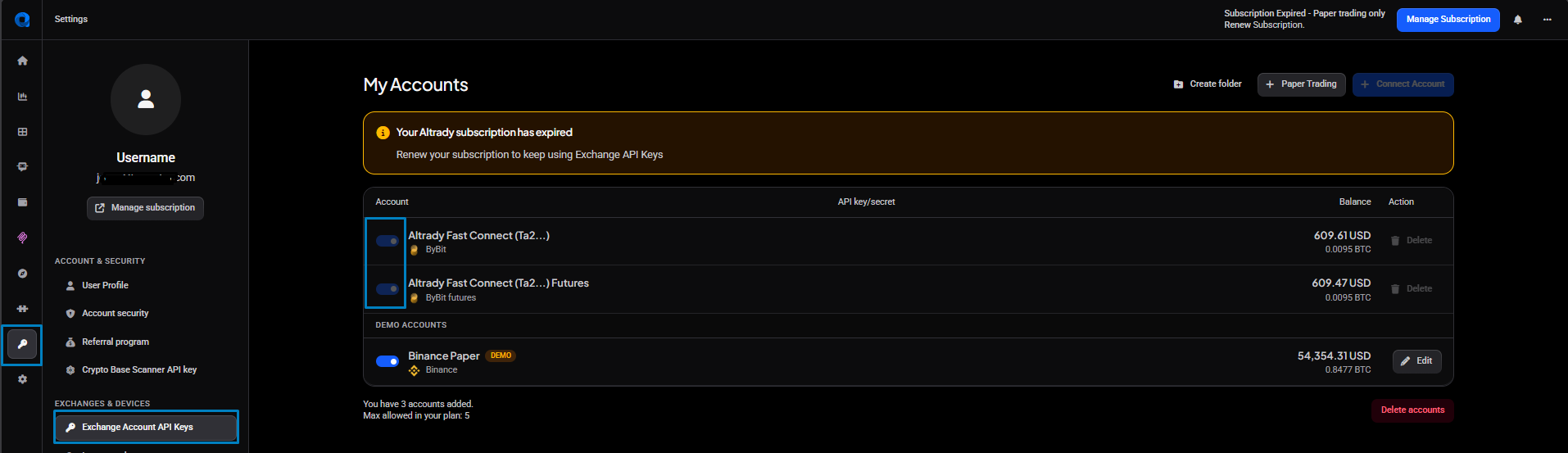 The Exchange Account API Keys page after a subscription expires: a “Your Altrady subscription has expired” banner above your exchange accounts, with the paper/demo account still usable.
