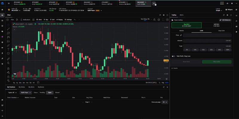 A short clip of placing a plain order in Simple mode: pick a market, choose Market or Limit, size it with a percentage button, place the order, and see the position appear in My Positions.
