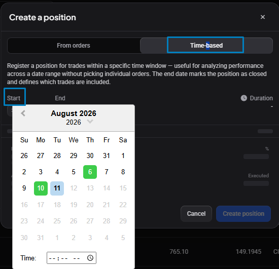 Creating a new manual position with its start date set to the first fill you want to include.