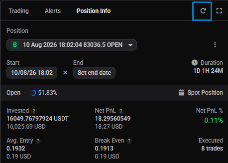 The resync arrow on a position, used to pull in missing trades.