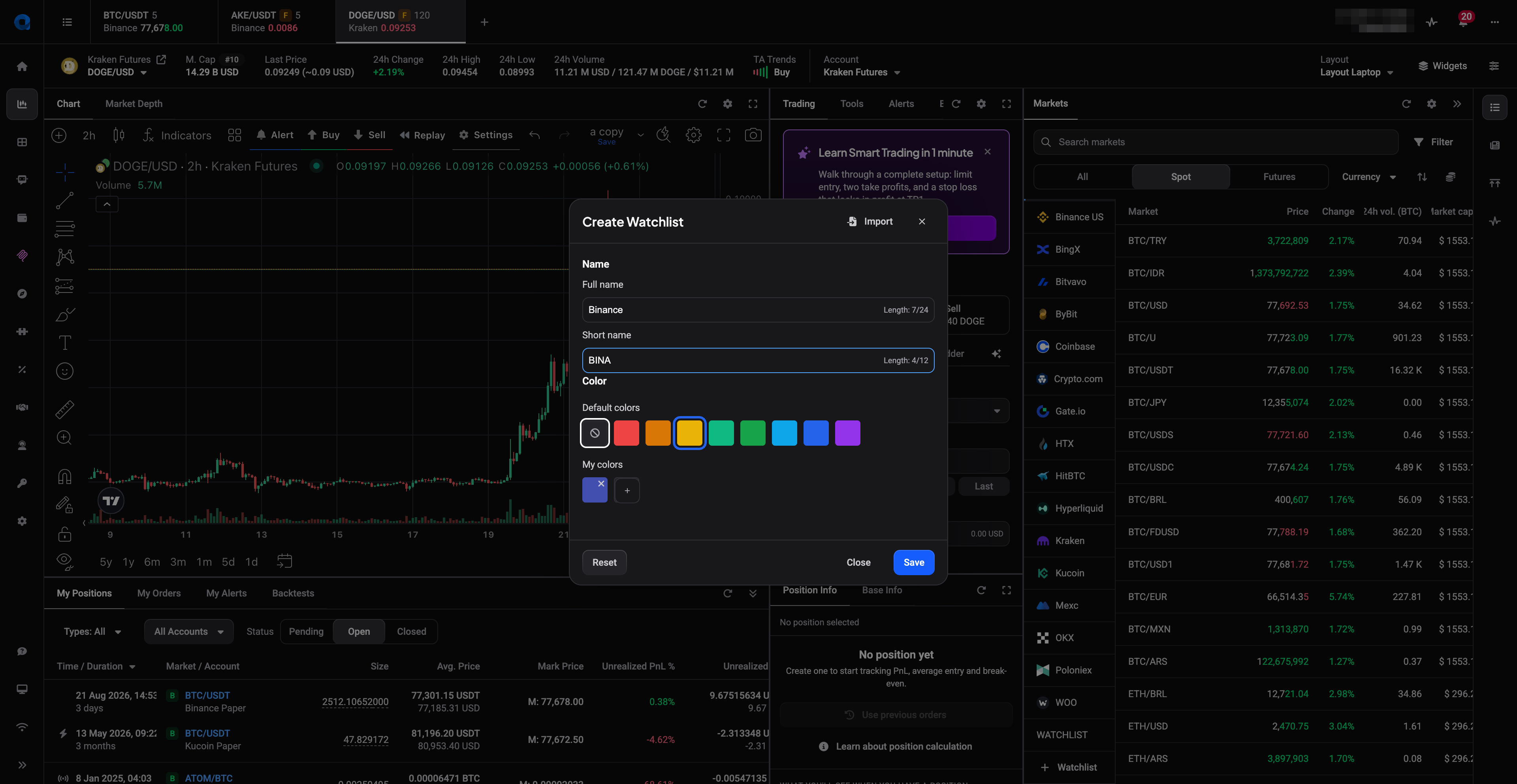 Create Watchlist-venster met Full name Binance, Short name BINA en een gele kleur geselecteerd
