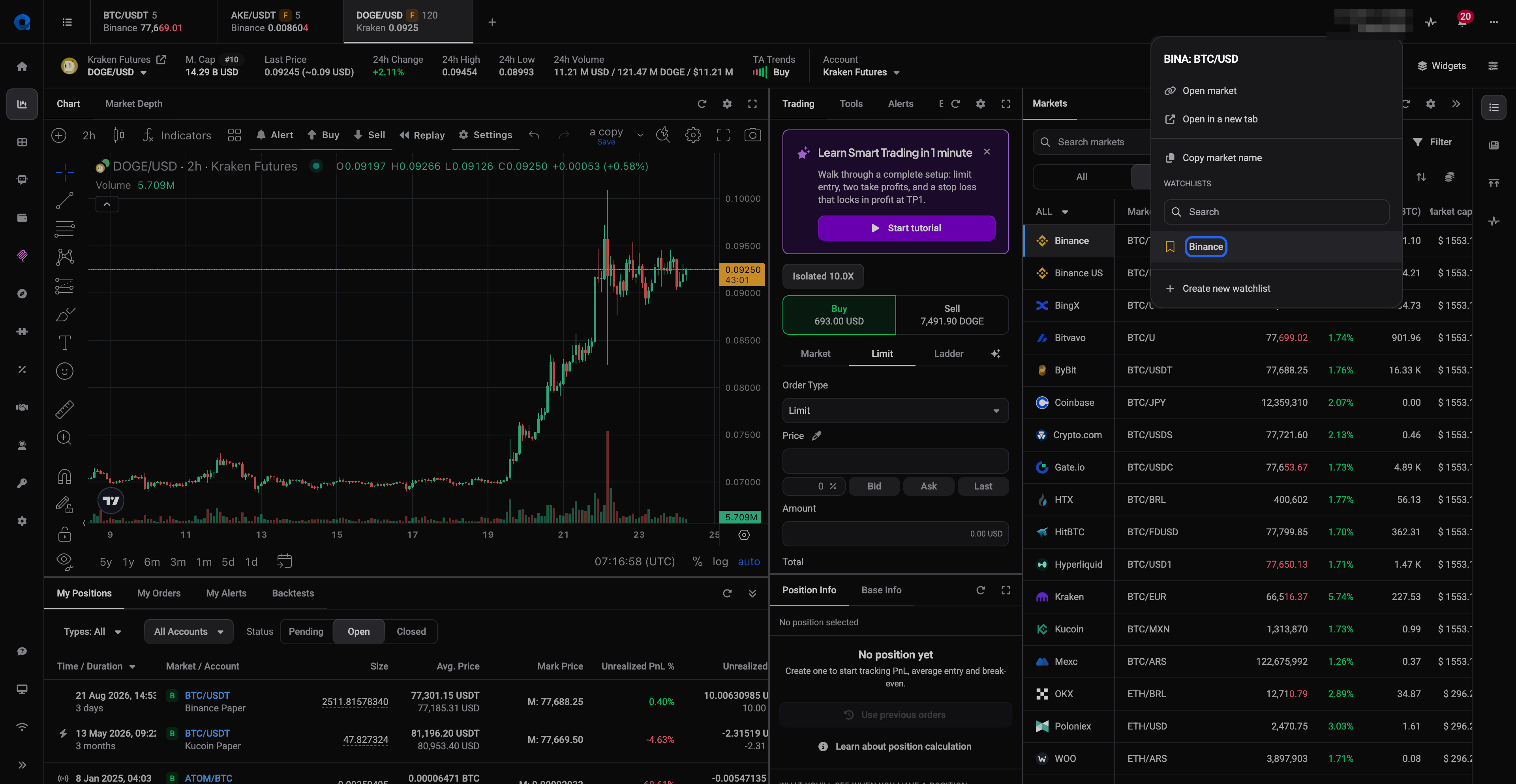 Rechtsklikmenu op een marktregel met de WATCHLISTS-sectie, een zoekveld en de optie Create new watchlist