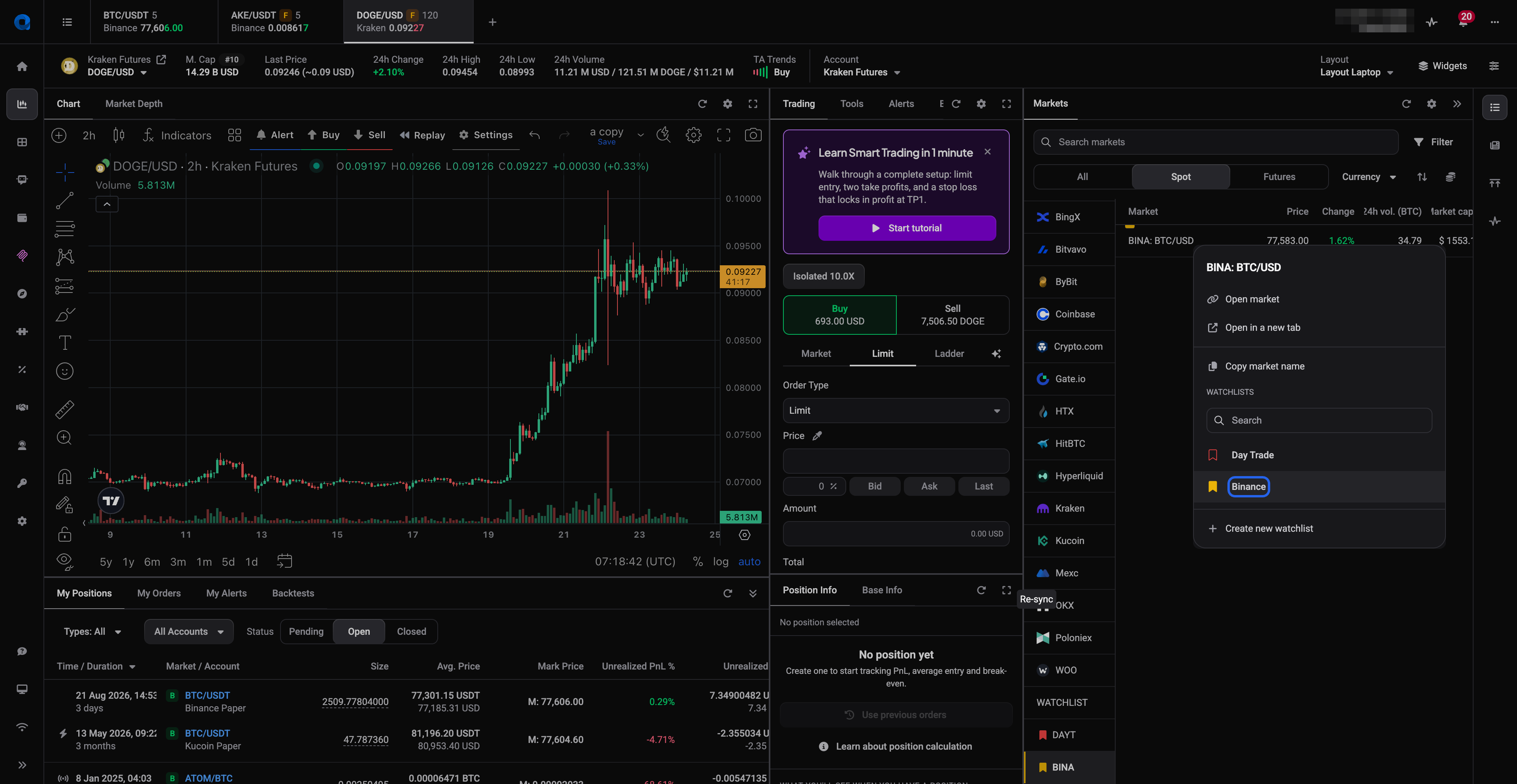 Marktmenu met twee watchlists, waarvan één met bladwijzer, en het gekleurde label BINA: BTC/USD op de marktregel