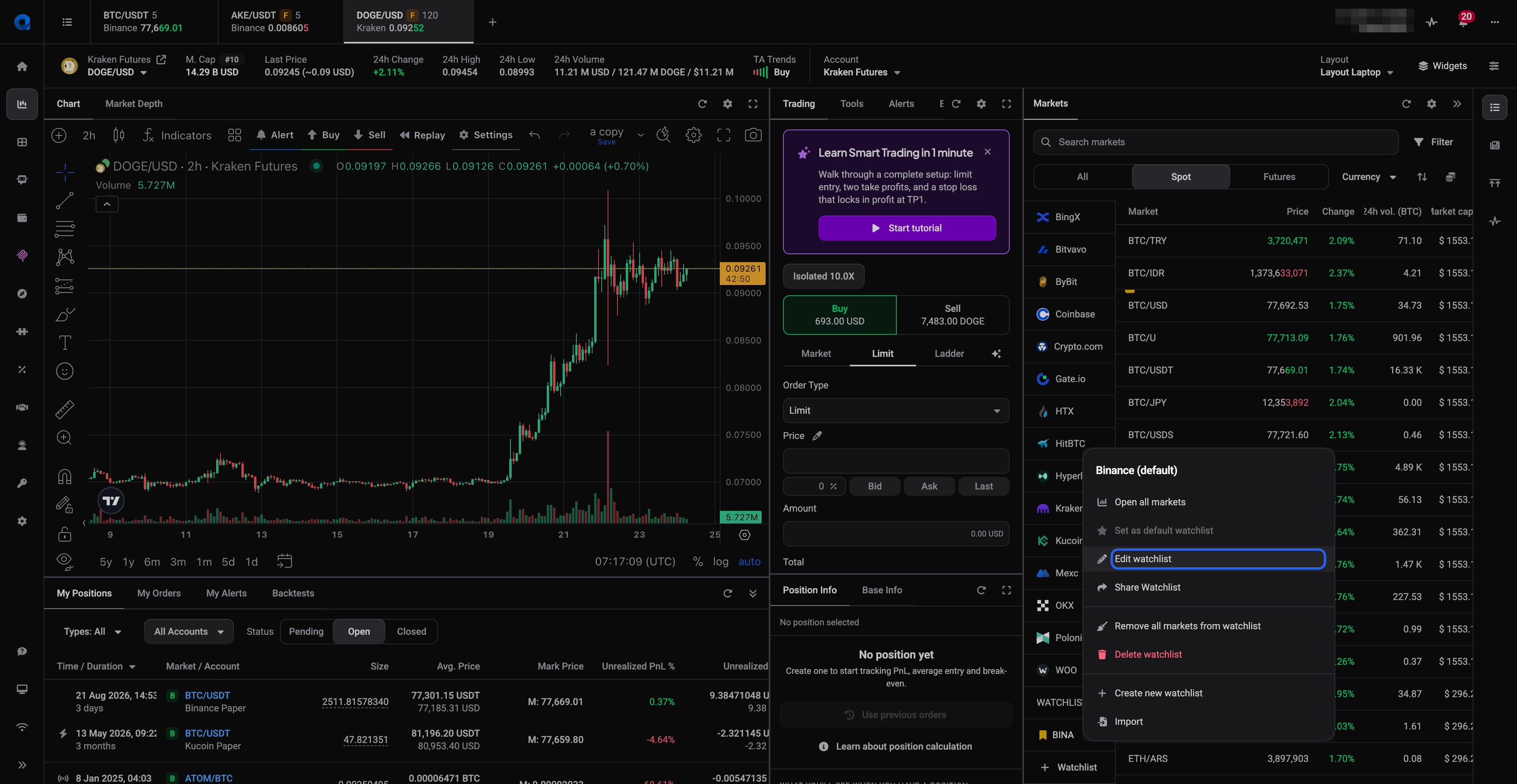 Rechtsklikmenu op een watchlist met Open all markets, Set as default watchlist, Edit watchlist, Share Watchlist, Remove all markets, Delete watchlist, Create new watchlist en Import