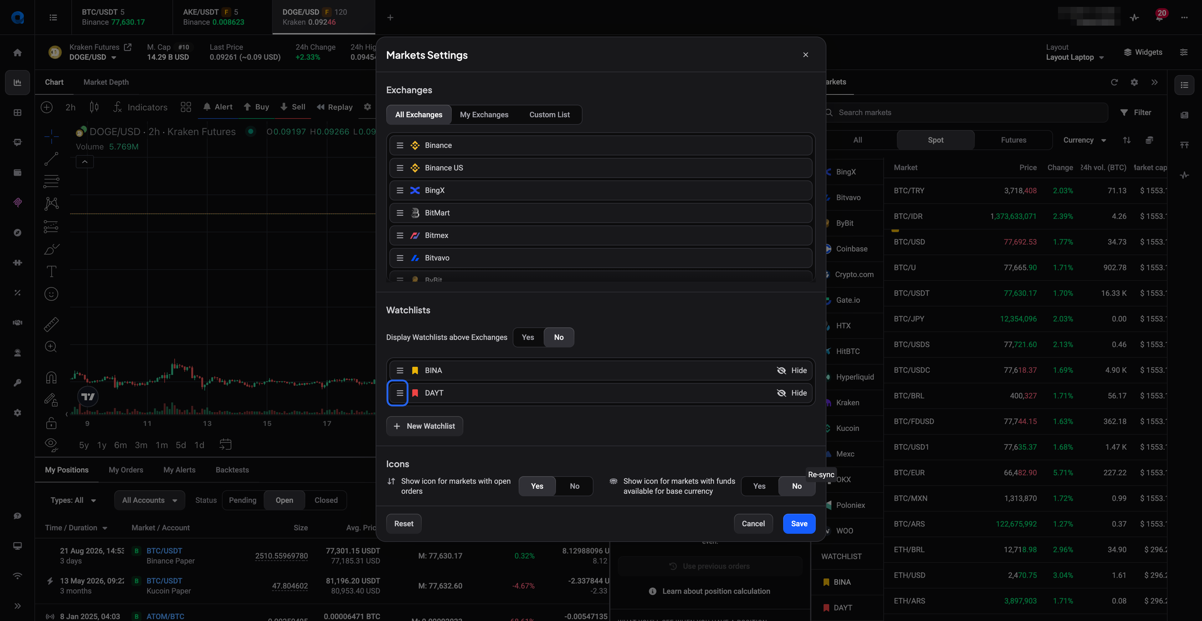 Markets Settings met de Watchlists-sectie, sleephandvatten links van elke regel en Hide-schakelaars rechts
