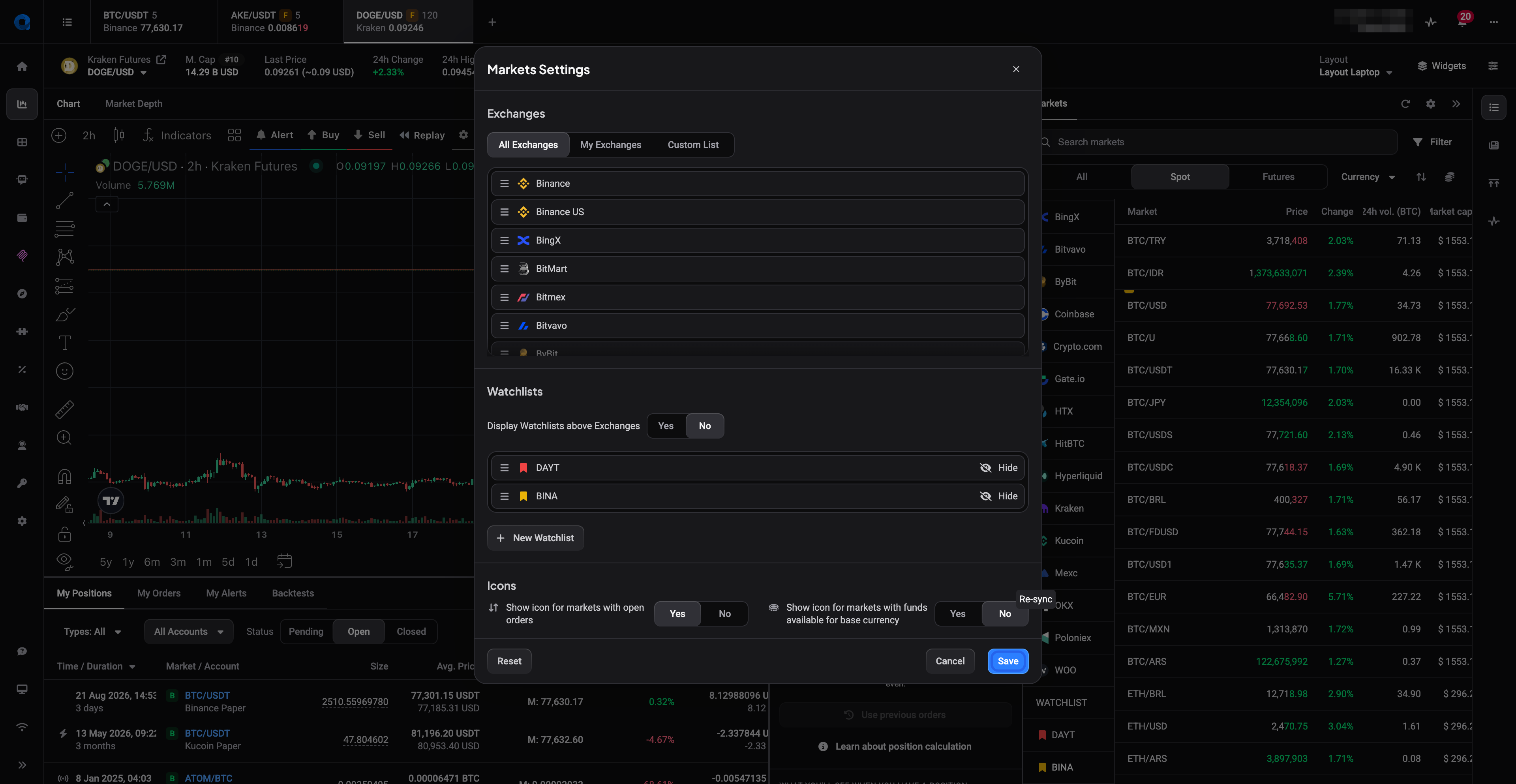 Markets Settings na het herordenen, met DAYT boven BINA en de Save-knop gemarkeerd