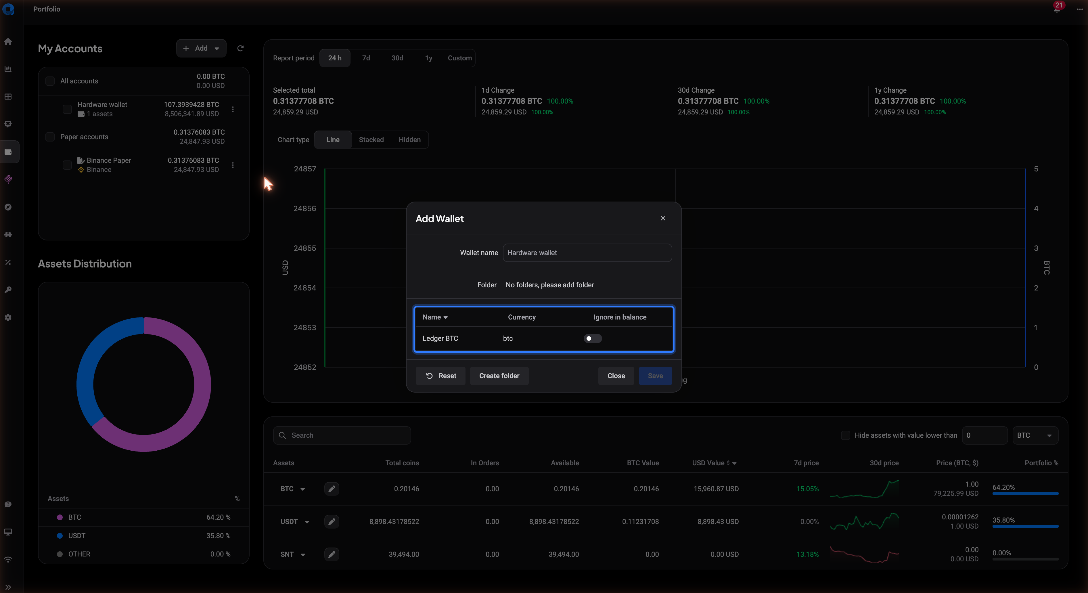 De adrestabel van een wallet in het venster Wallet toevoegen, met Name, Currency en een Ignore in balance toggle voor elk opgeslagen adres.