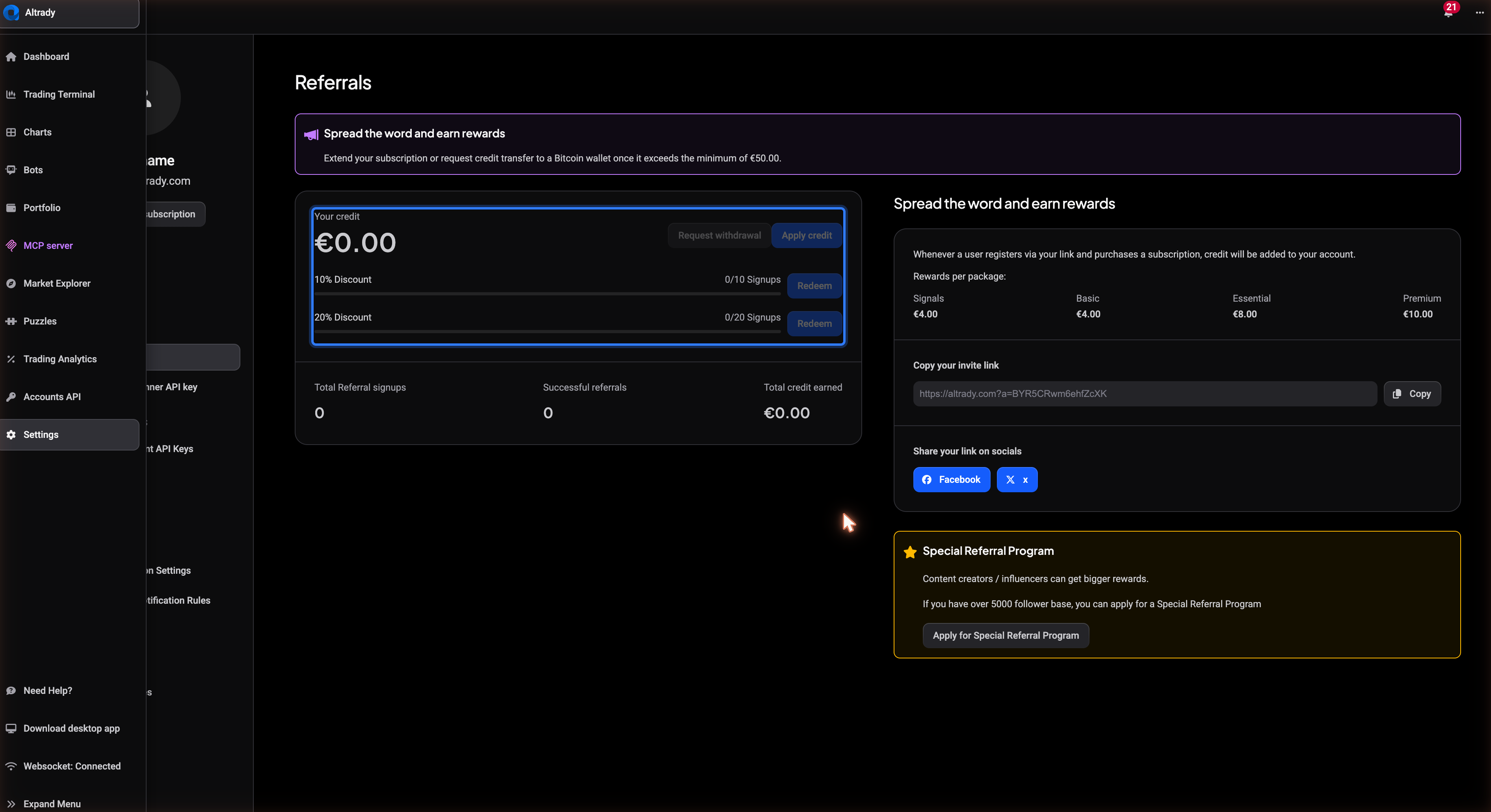 The Your credit card on the Referrals page, showing the credit balance with the Request withdrawal and Apply credit buttons.