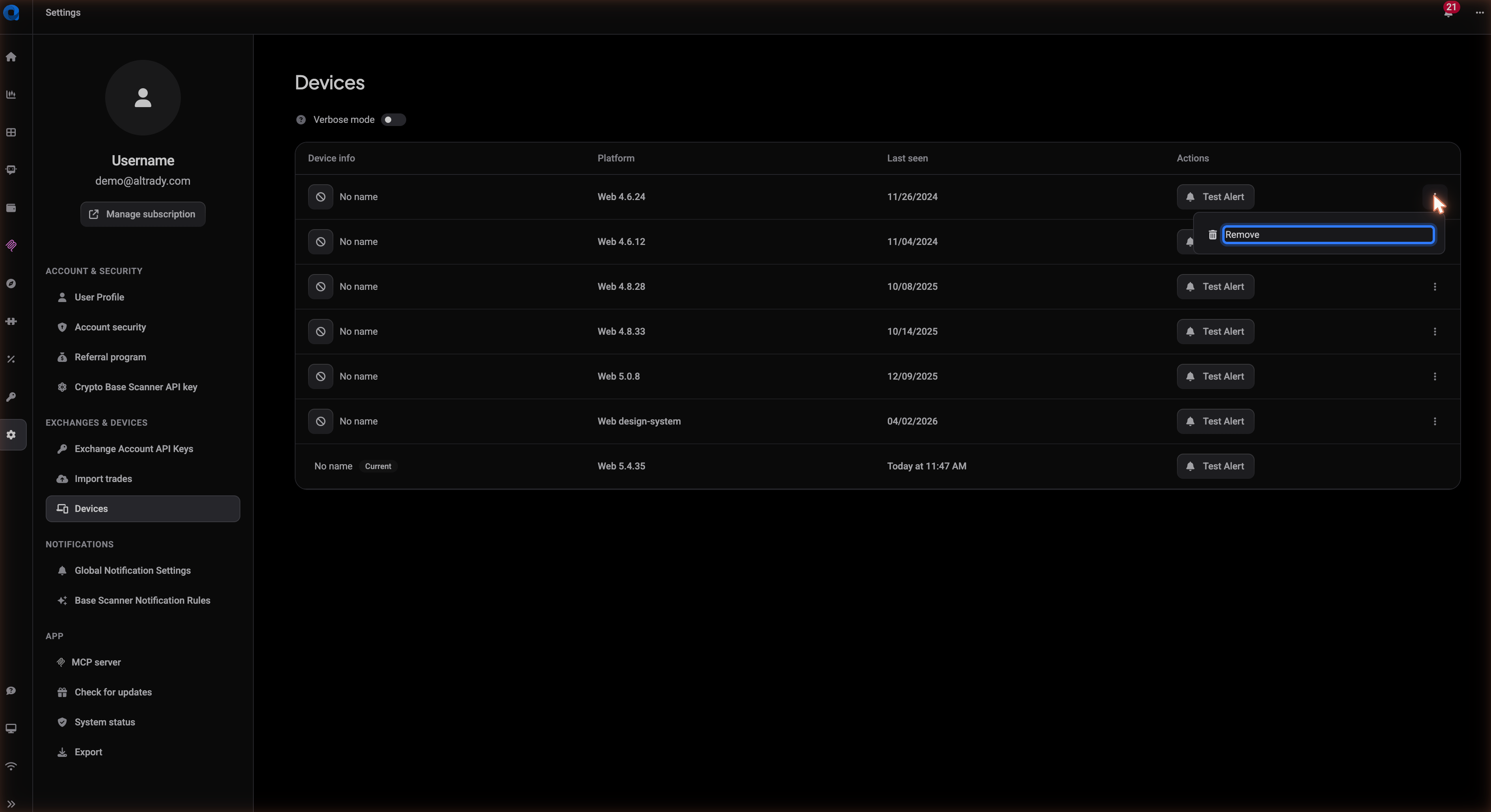 The Devices page under Settings, listing each signed-in device with its platform and last seen date, and a per-device menu open showing Remove.