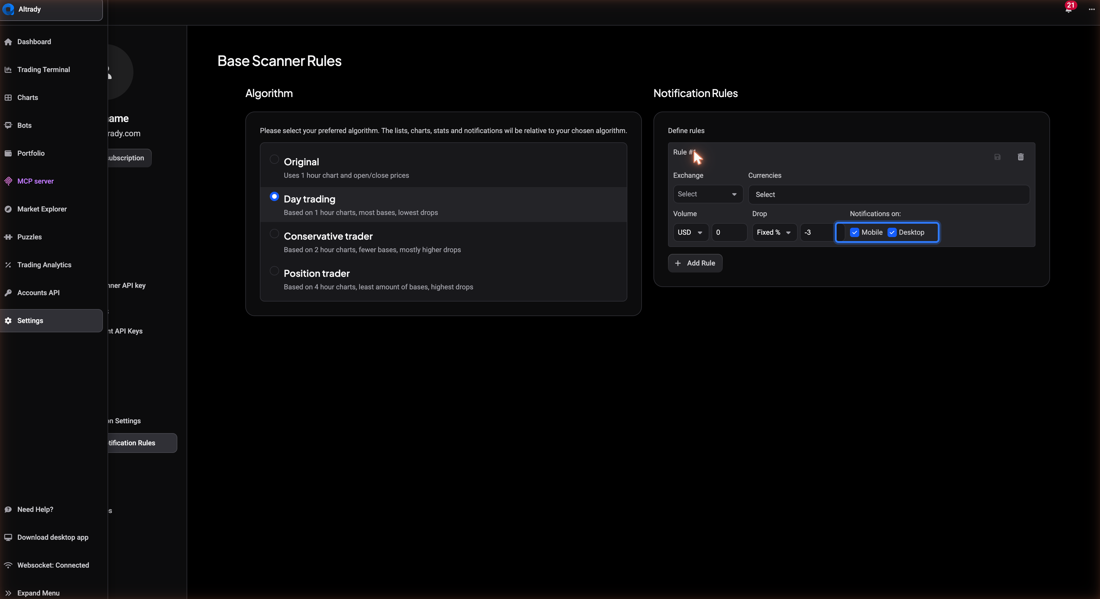 A Base Scanner notification rule with its Notifications on: Mobile and Desktop checkboxes, both ticked, beside the rule’s volume and drop filters.