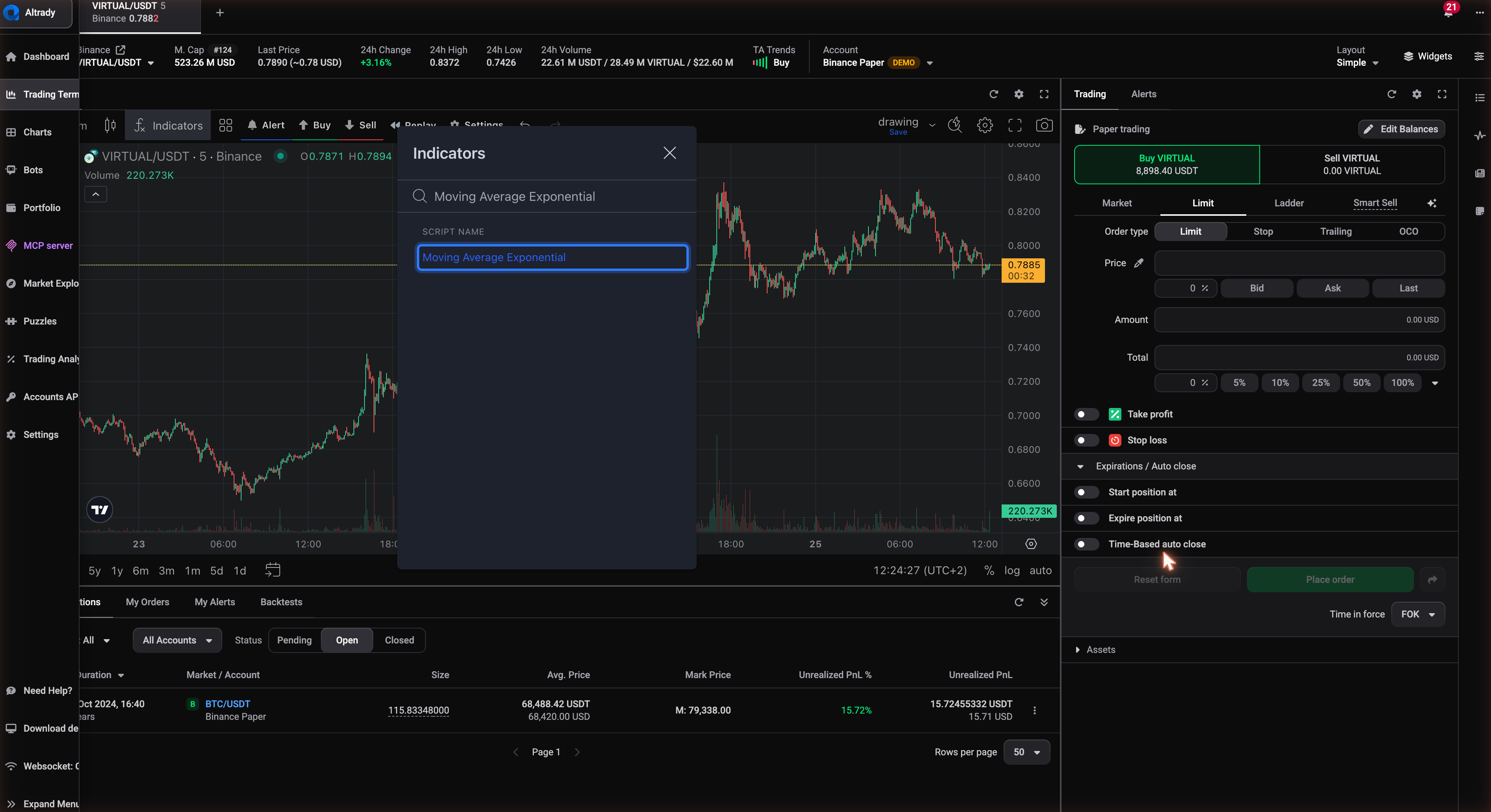 The Indicators dialog open over the chart, with a search for Moving Average Exponential and the matching result highlighted: clicking that row adds it to the chart.