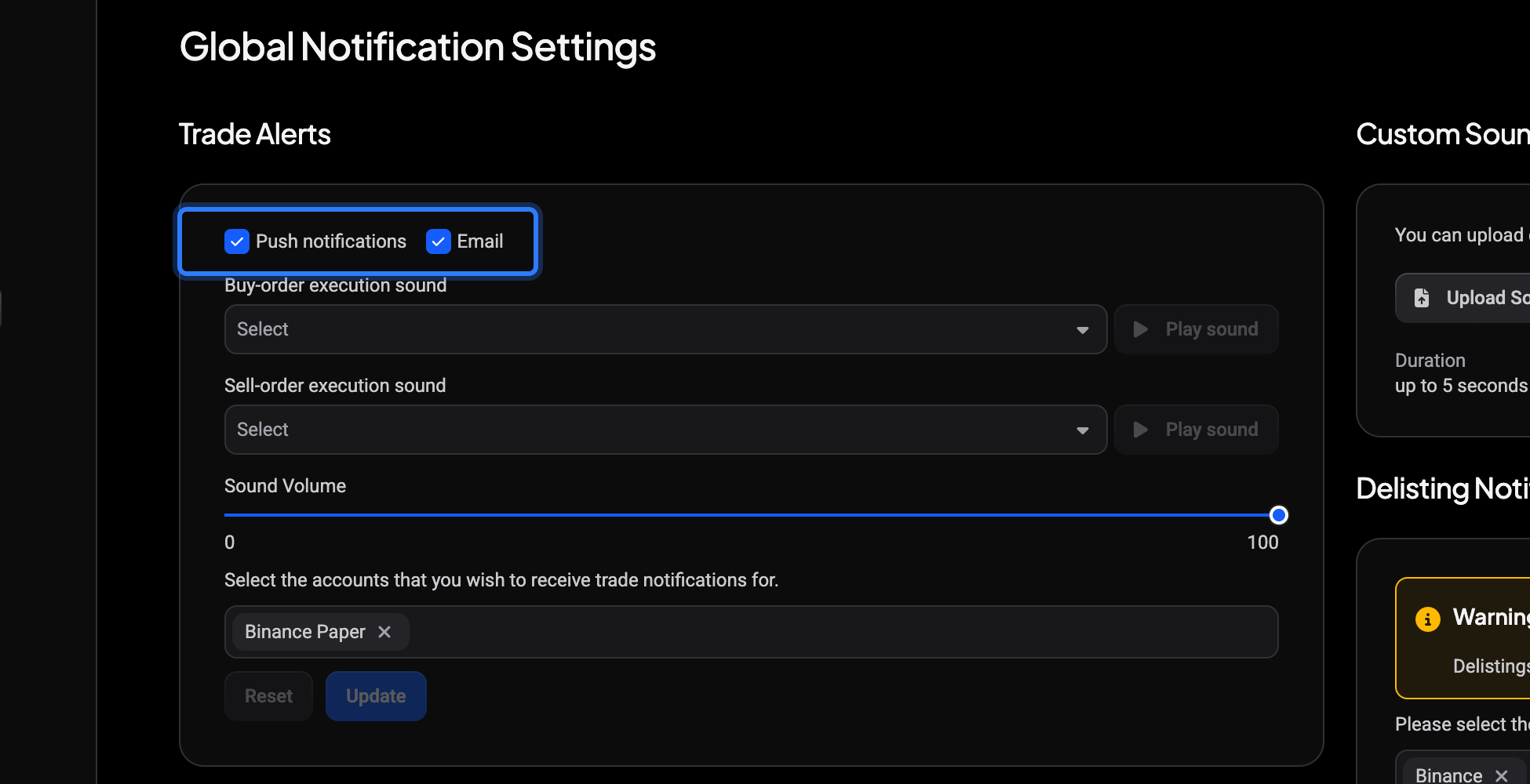 Global Notification Settings with the Trade Alerts card open, showing the Push notifications and Email checkboxes, alert sounds, and the accounts the trade notifications apply to.