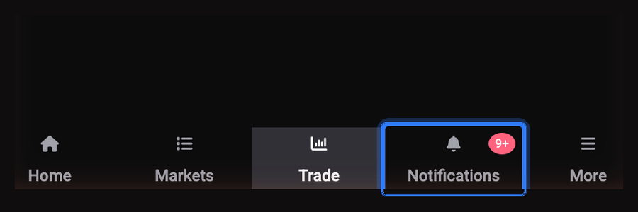 The mobile app’s bottom navigation bar with Home, Markets, Trade, Notifications and More; the Notifications tab is highlighted and carries an unread badge.