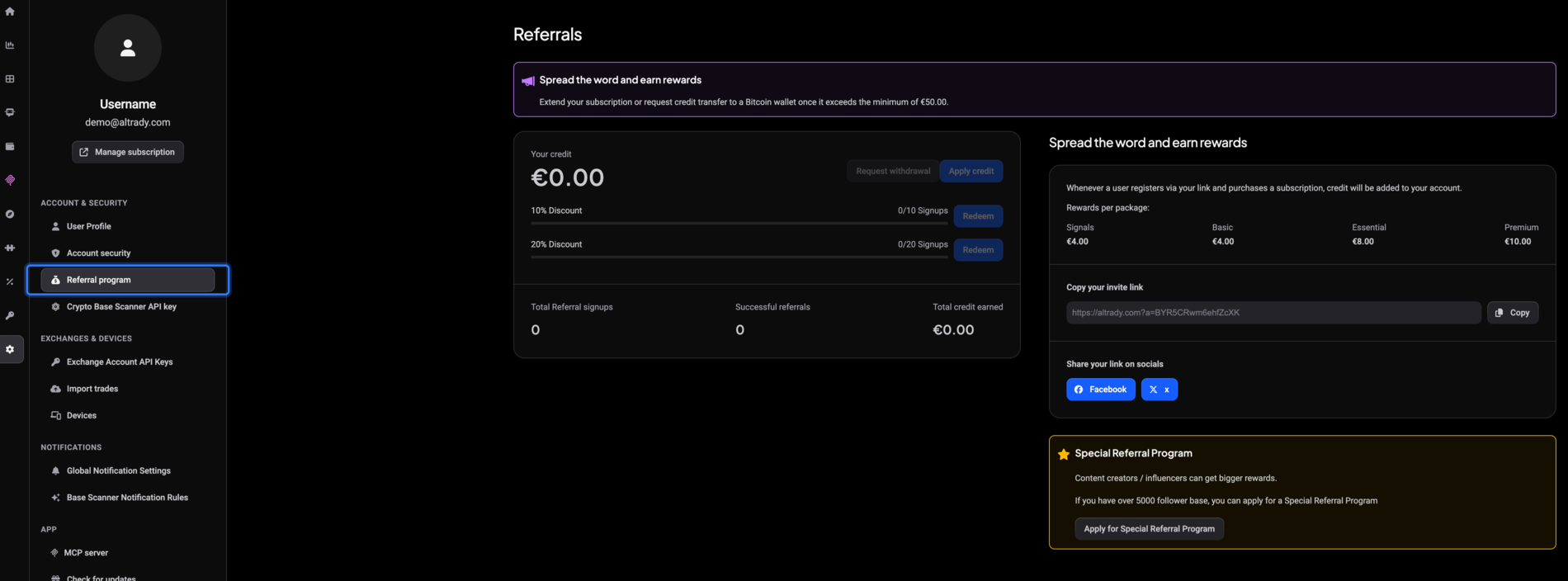 The Referrals page under Settings, with Referral program highlighted in the settings sidebar, the credit card and discount progress on the left, and the invite link with a Copy button on the right.