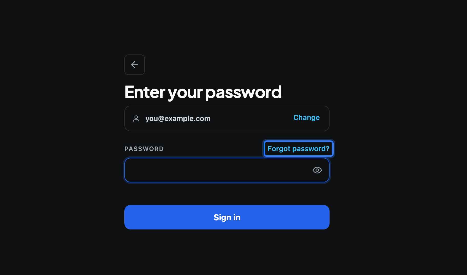 The password step of the sign-in flow, with the email already entered and the Forgot password? link highlighted above the password field.