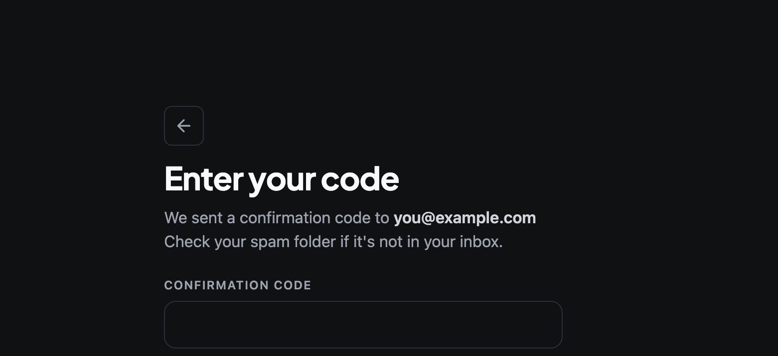 The Enter your code screen after requesting a reset, showing where the confirmation code from the email is pasted.