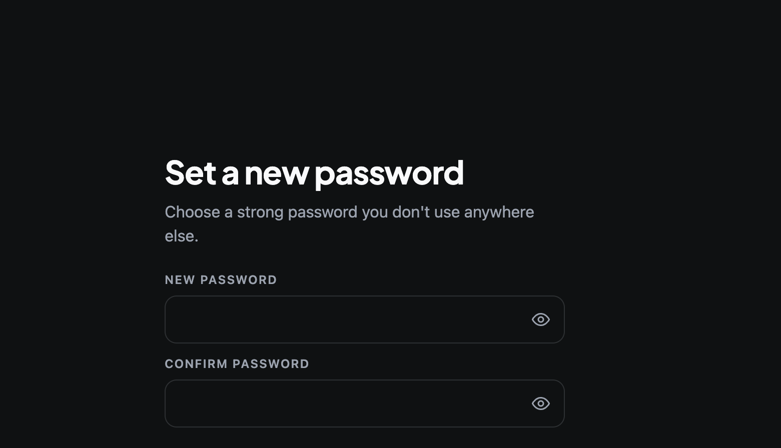 The Set a new password screen, with New password and Confirm password fields and the Save new password button.