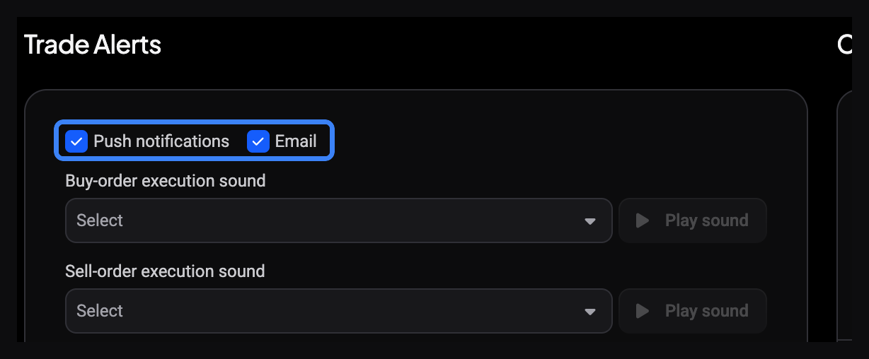 The Trade Alerts panel with the Push notifications and Email checkboxes highlighted, both ticked.