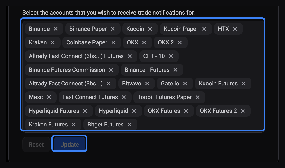 The account multi-select under Select the accounts that you wish to receive trade notifications for, with the list of connected exchange accounts and the Update button highlighted.