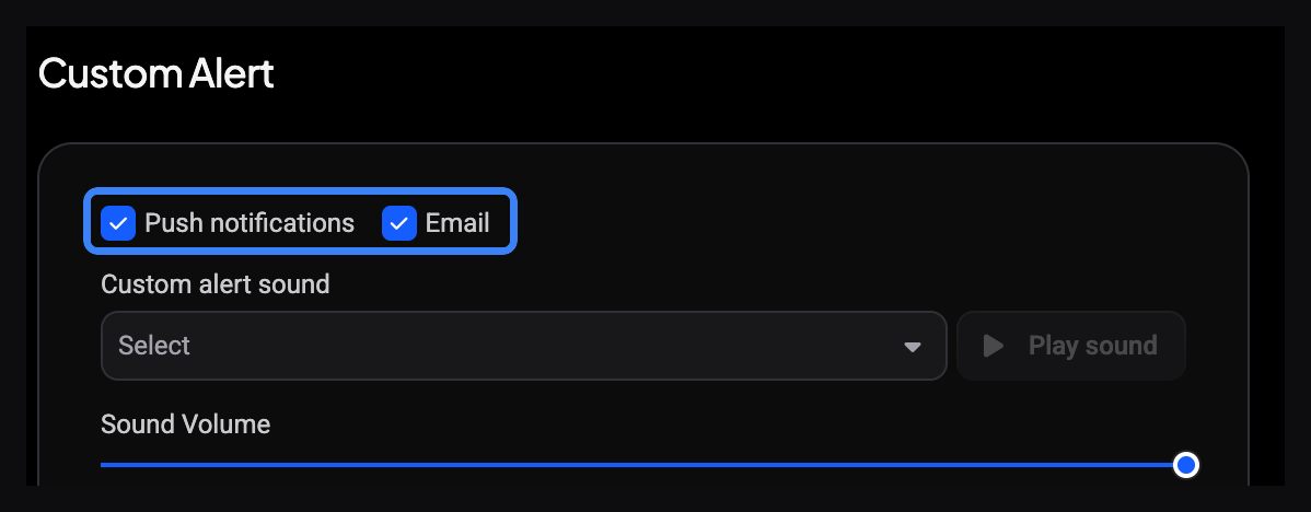 The Custom Alert panel with its own Push notifications and Email checkboxes highlighted, separate from the Trade Alerts panel above.