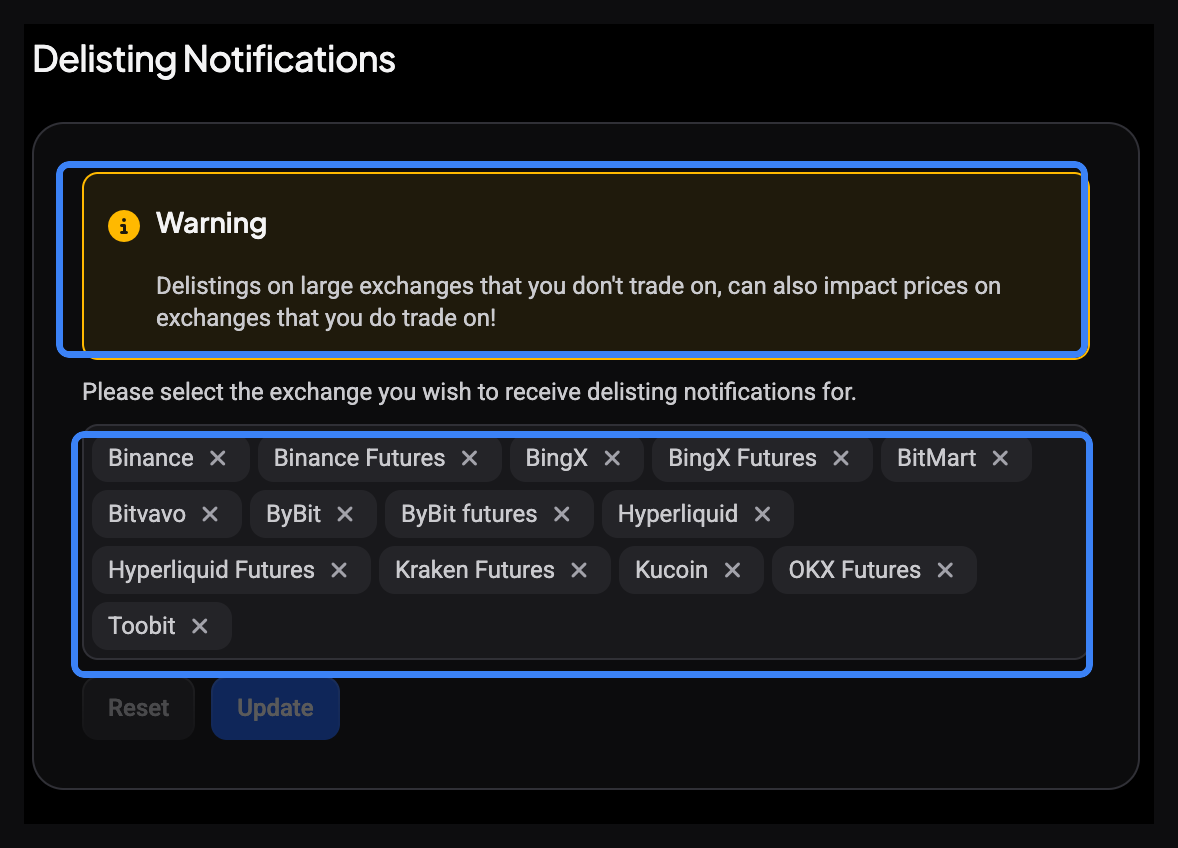 The Delisting Notifications panel with the warning about delistings on exchanges you don’t trade on, and the exchange multi-select highlighted.