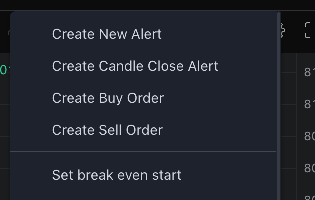Het rechtsklikmenu van de grafiek met Create New Alert en Create Candle Close Alert als bovenste twee items