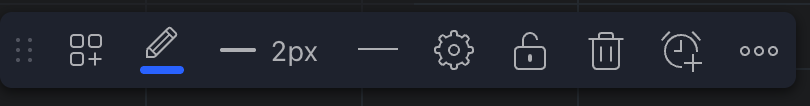 Close-up van de zwevende toolbar van een tekening, met het wekker- en plusicoon uitgelicht aan het rechteruiteinde