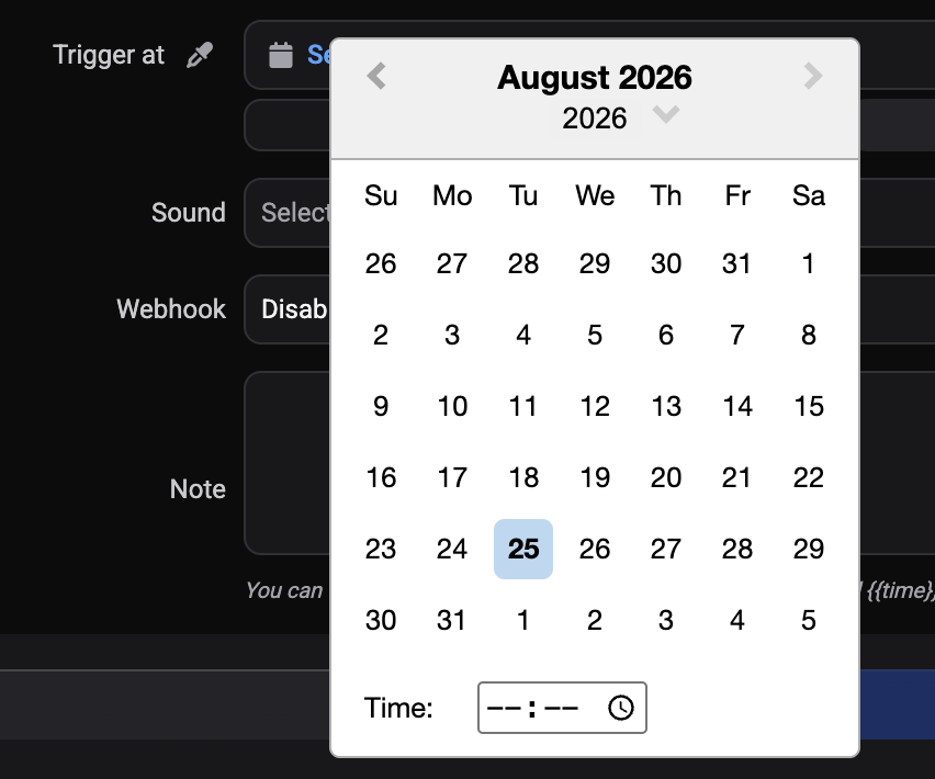 The Trigger at date picker open on a time alert, showing the month calendar and the Time field at the bottom
