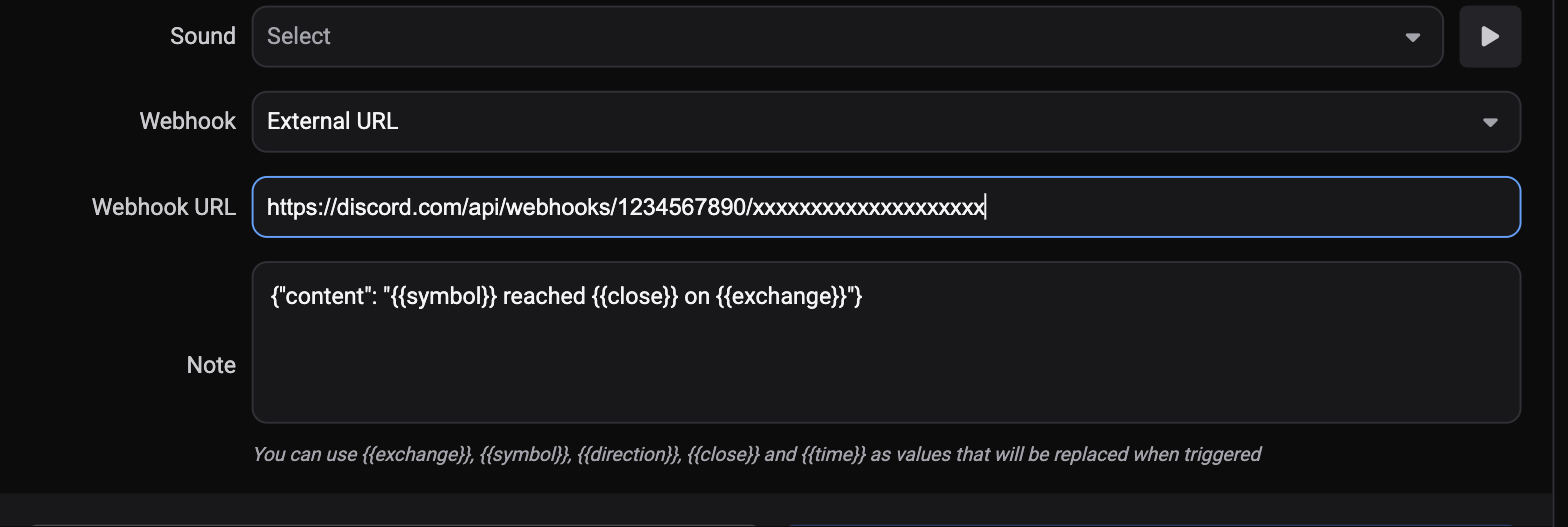An alert with Webhook set to External URL, showing the Webhook URL field filled with a Discord webhook address and the Note field containing a JSON payload