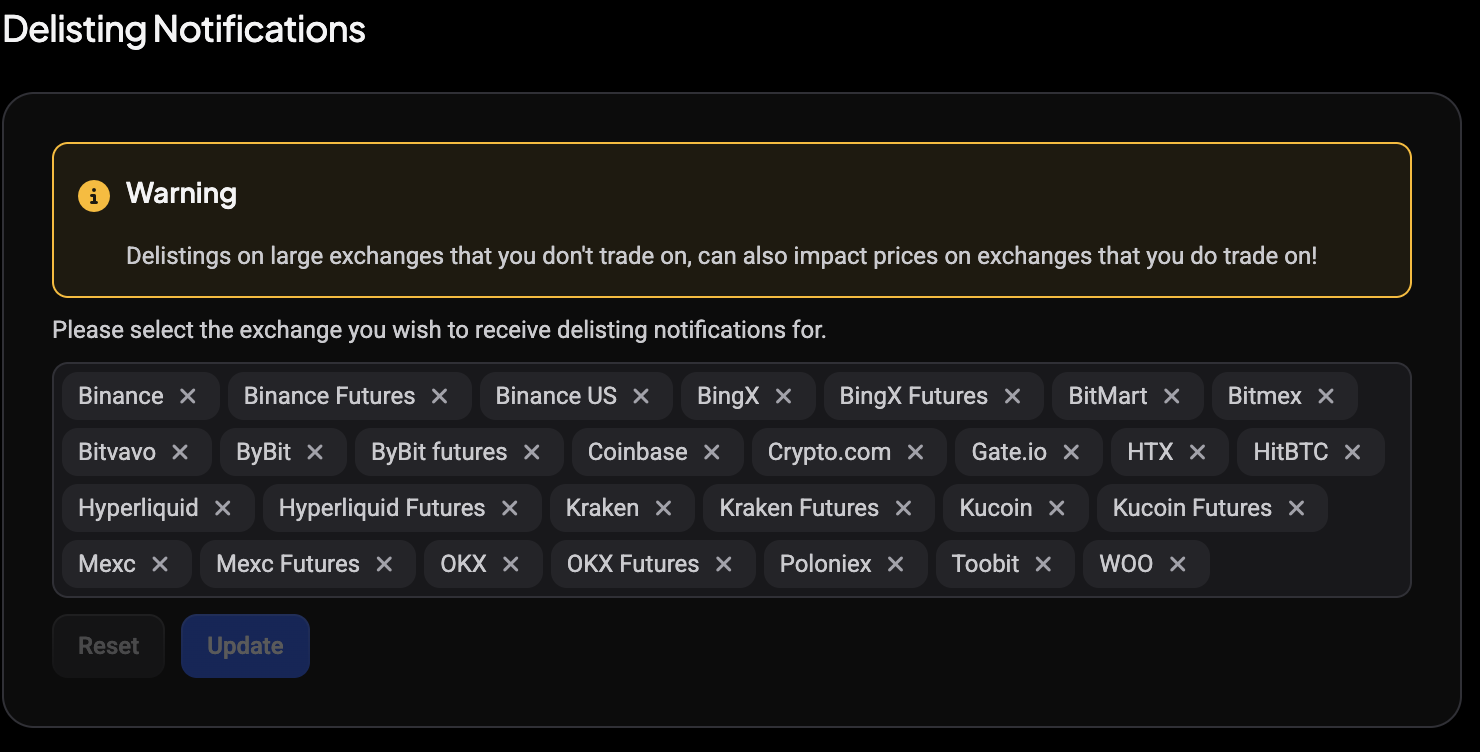 The Delisting Notifications card with the exchange chips that show which exchanges still send you delisting alerts, plus the Reset and Update buttons