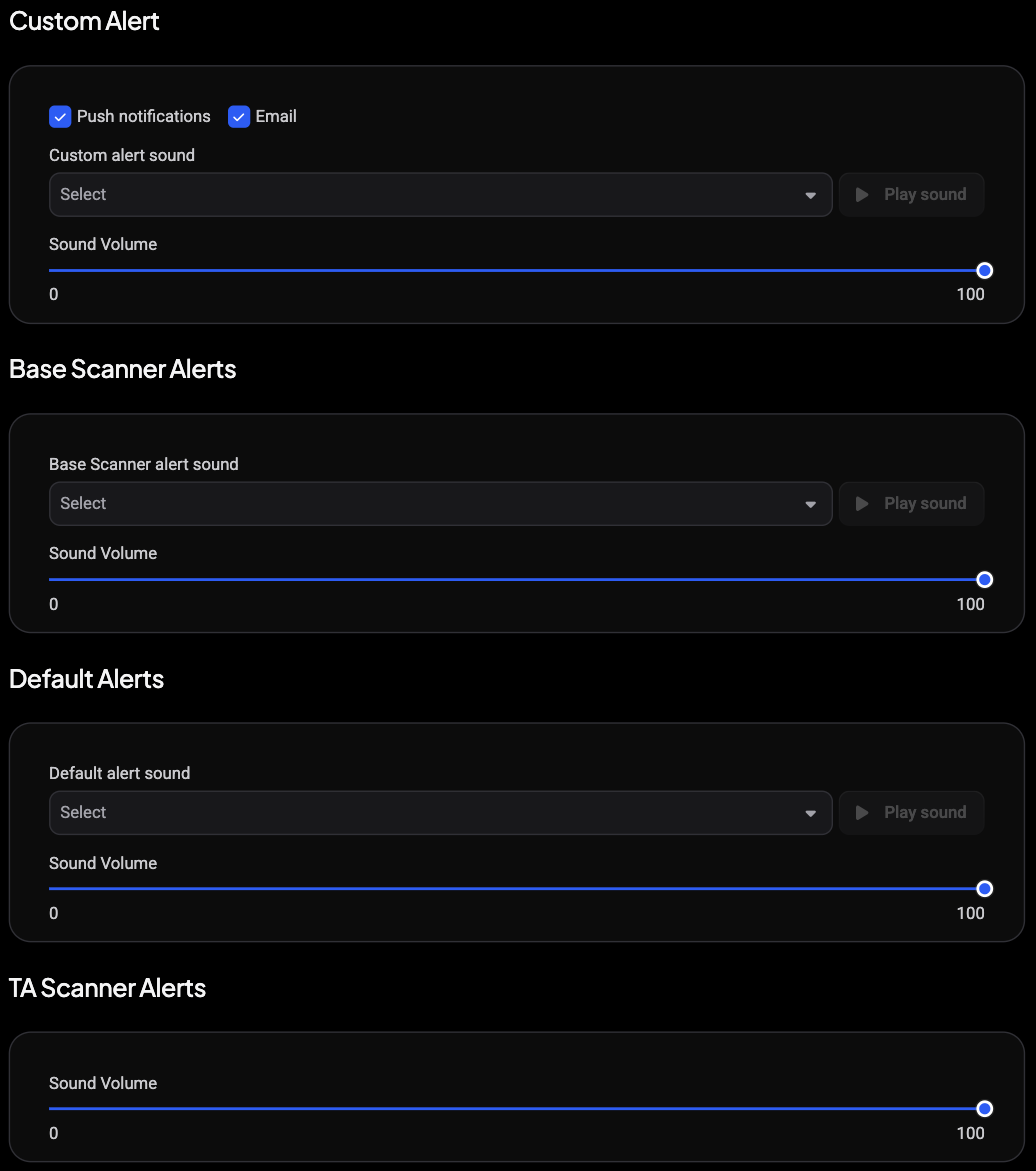 The Custom Alert, Base Scanner Alerts, Default Alerts and TA Scanner Alerts cards, each with its sound dropdown, Play sound button and Sound Volume slider