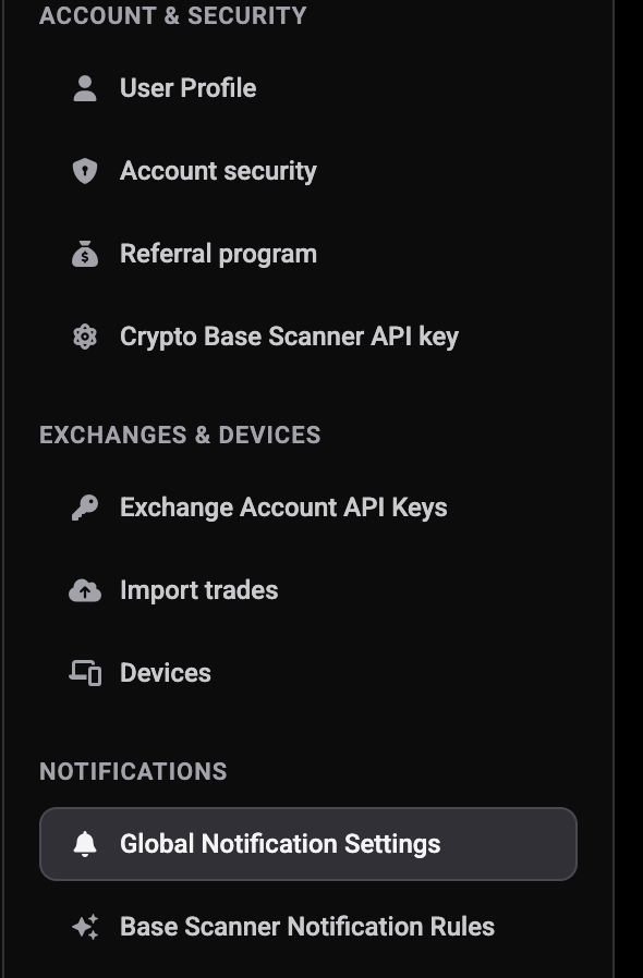 The Settings sidebar with the NOTIFICATIONS group header and the Global Notification Settings item selected below it