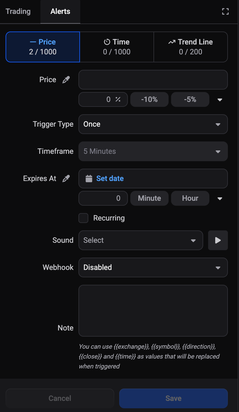 Het tabblad Alerts in de rechterkolom van de trading terminal, naast het tabblad Trading, met de tabbladen Price, Time en Trend Line boven de velden Price, Trigger Type, Timeframe, Expires At, Recurring, Geluid, Webhook en Notitie