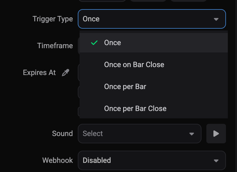 De uitgeklapte Trigger Type-dropdown op het tabblad Price, met Once, Once on Bar Close, Once per Bar en Once per Bar Close