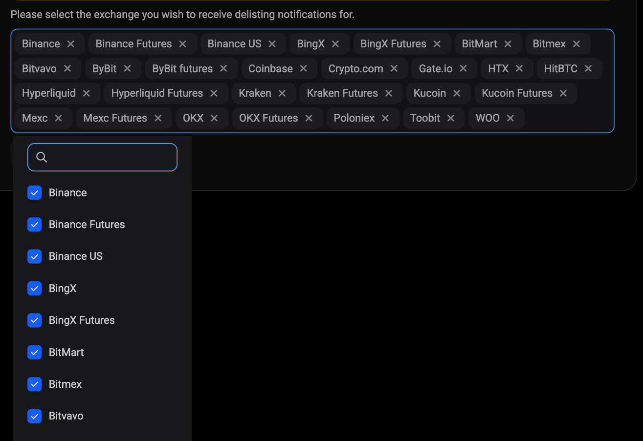 The Delisting Notifications exchange multi-select with its selection popup open, showing the search box and a checkbox for each exchange above the chips