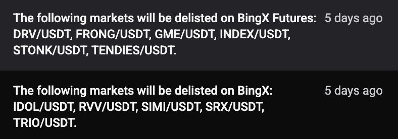 Twee in-app delisting-meldingsregels in Altrady, een met de tekst The following markets will be delisted on BingX Futures en een op BingX, elk met de betreffende USDT-markten en een tijdstempel van 5 dagen geleden